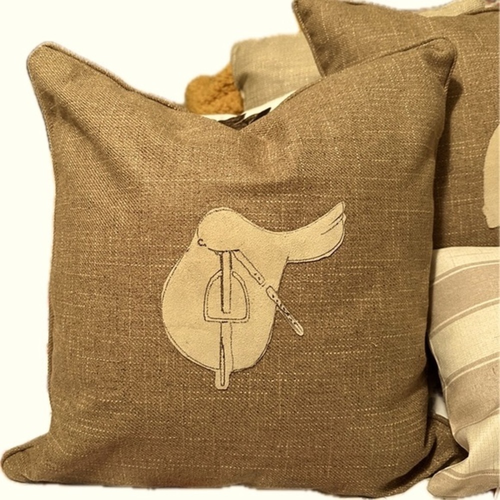 The Pillow Paddock helmet pillow in warm tones 20x20 COVER ONLY. Saddle